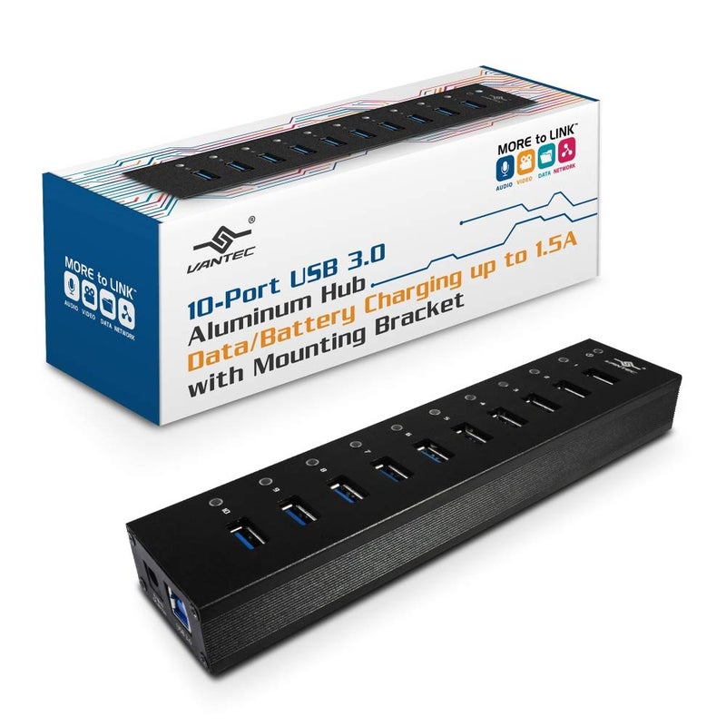 Vantec 10-Port USB 3.0 Hub, Aluminum, Full Powered, Mountable, with All Ports Data & Charging Up to 1.5A, BC 1.2, Premium 12V/5A, 60W Power Adapter (UGT-AH110U3-BK),Black - Image 1